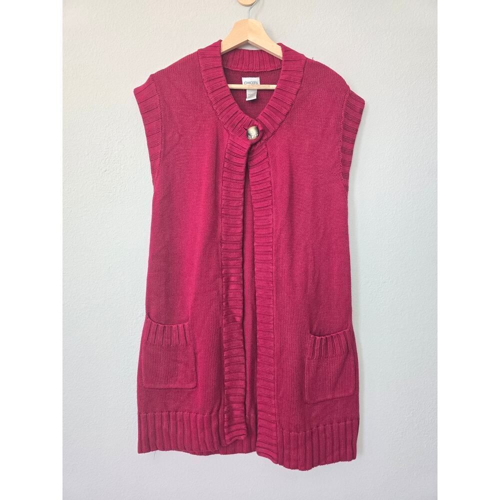 Chico’s Knit Sleeveless Cardigan Sweater Red Bamboo Cotton Blend Size M (8)